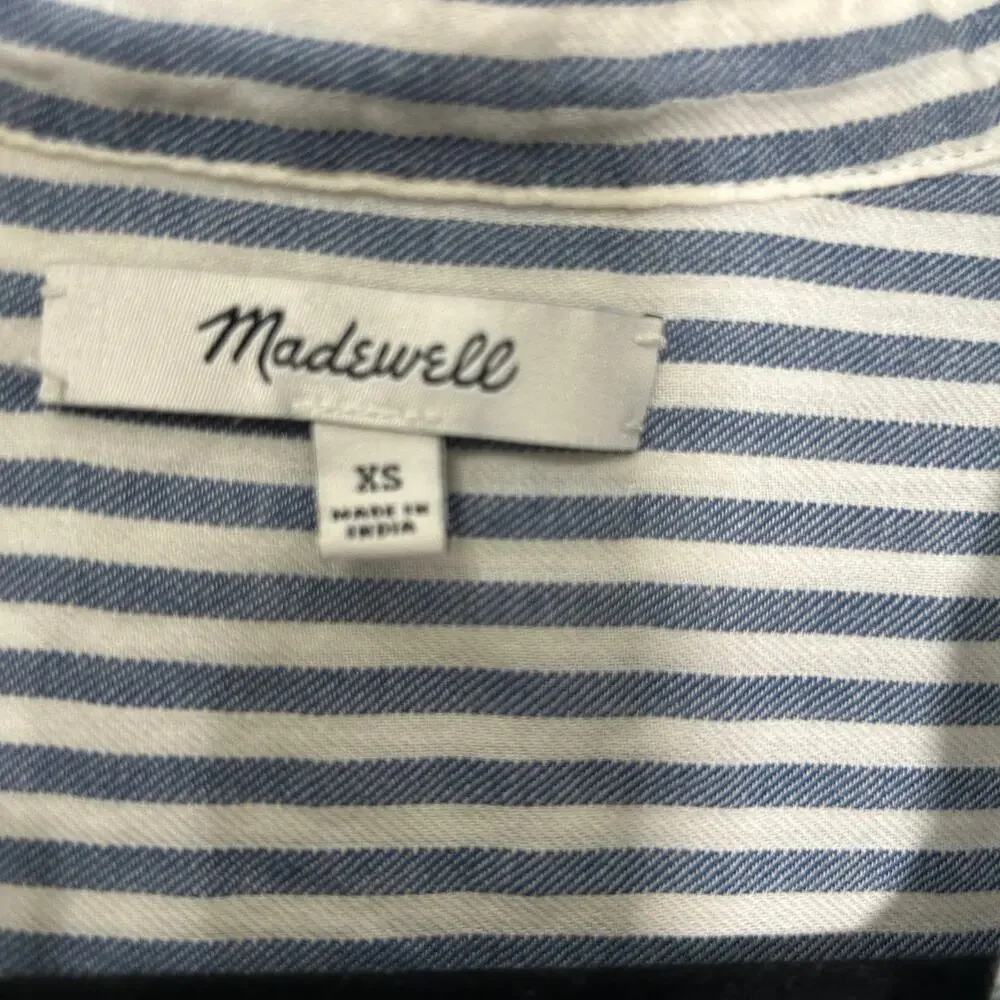 Madewell Puff-Sleeve Popover Shirt in Railroad Stripe Blue White Size XS Preppy